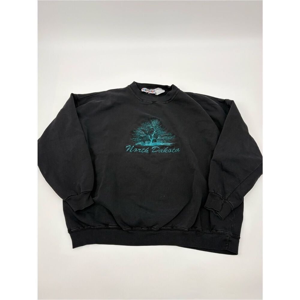 Vintage Black North Dakota Crewneck Sweatshirt with embroidered Teal Tree